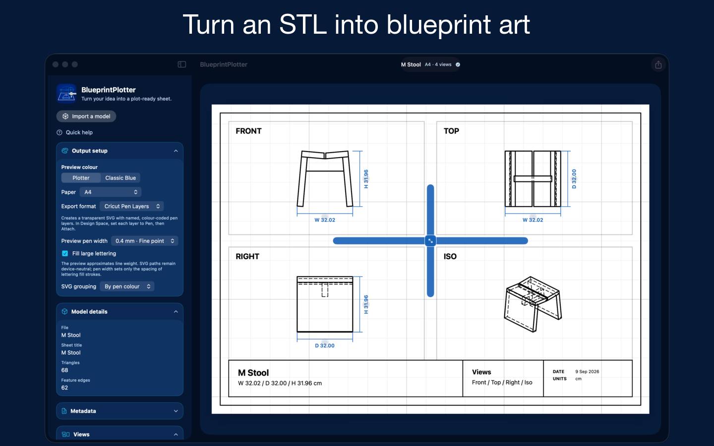 BlueprintPlotter displaying a finished sheet with front, top, right and isometric views of a stool
