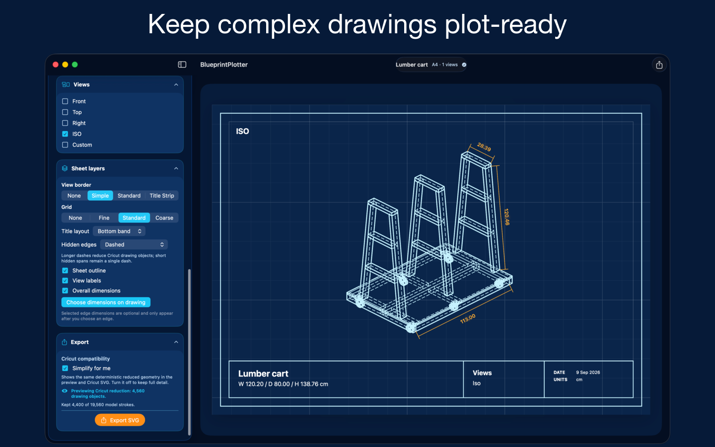 BlueprintPlotter simplifying a detailed lumber cart drawing to 4,560 drawing objects for Cricut