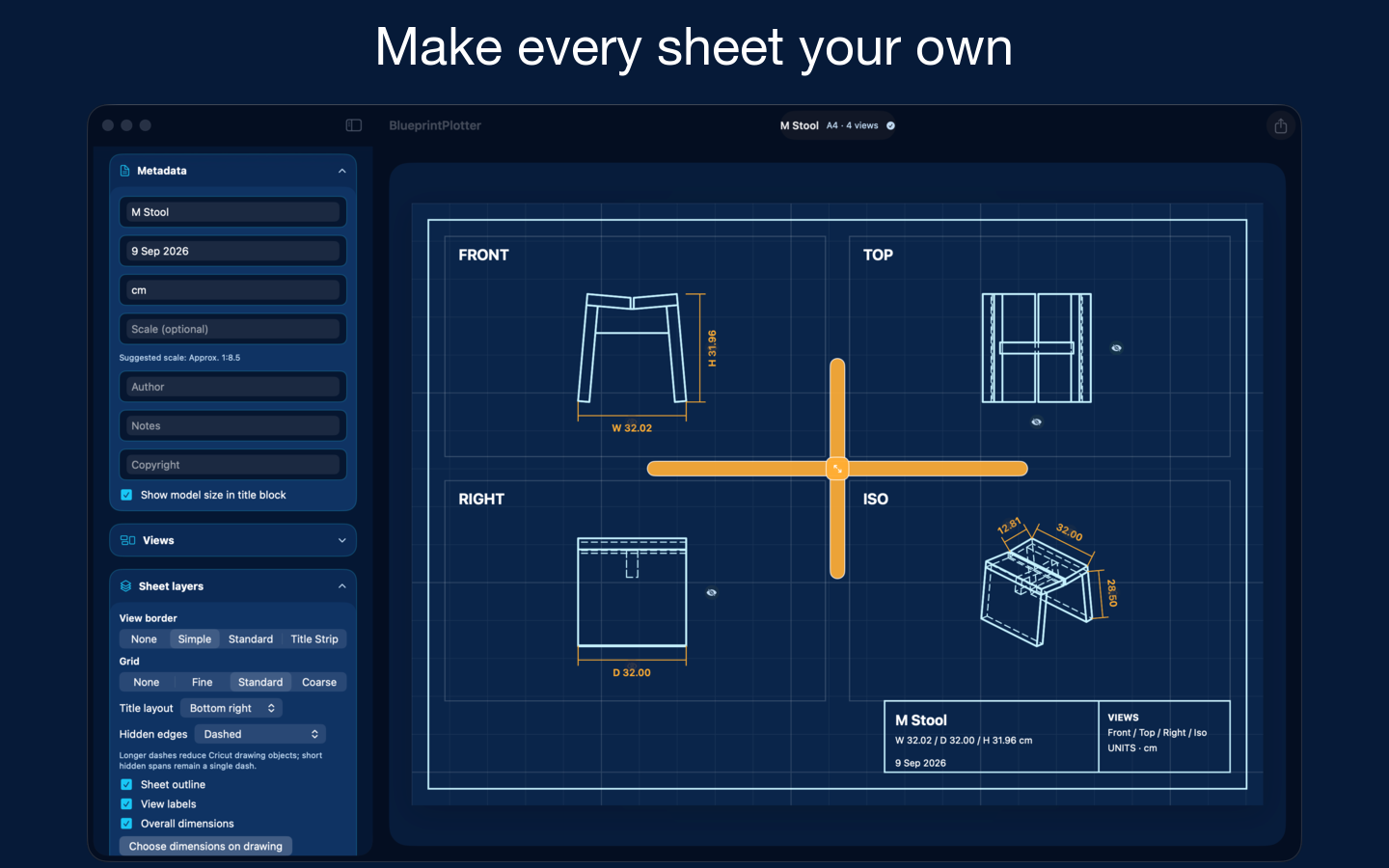 BlueprintPlotter metadata and sheet styling controls beside a four-view blueprint