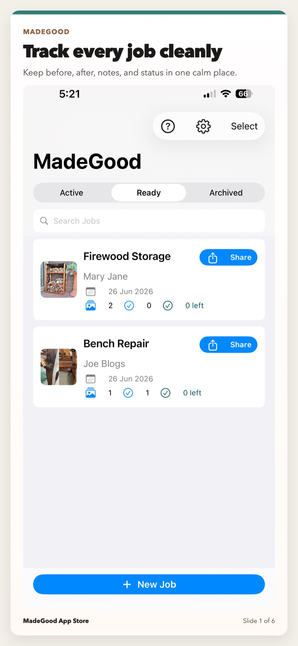 MadeGood job list showing active, ready, and archived filters with jobs and their photo status.