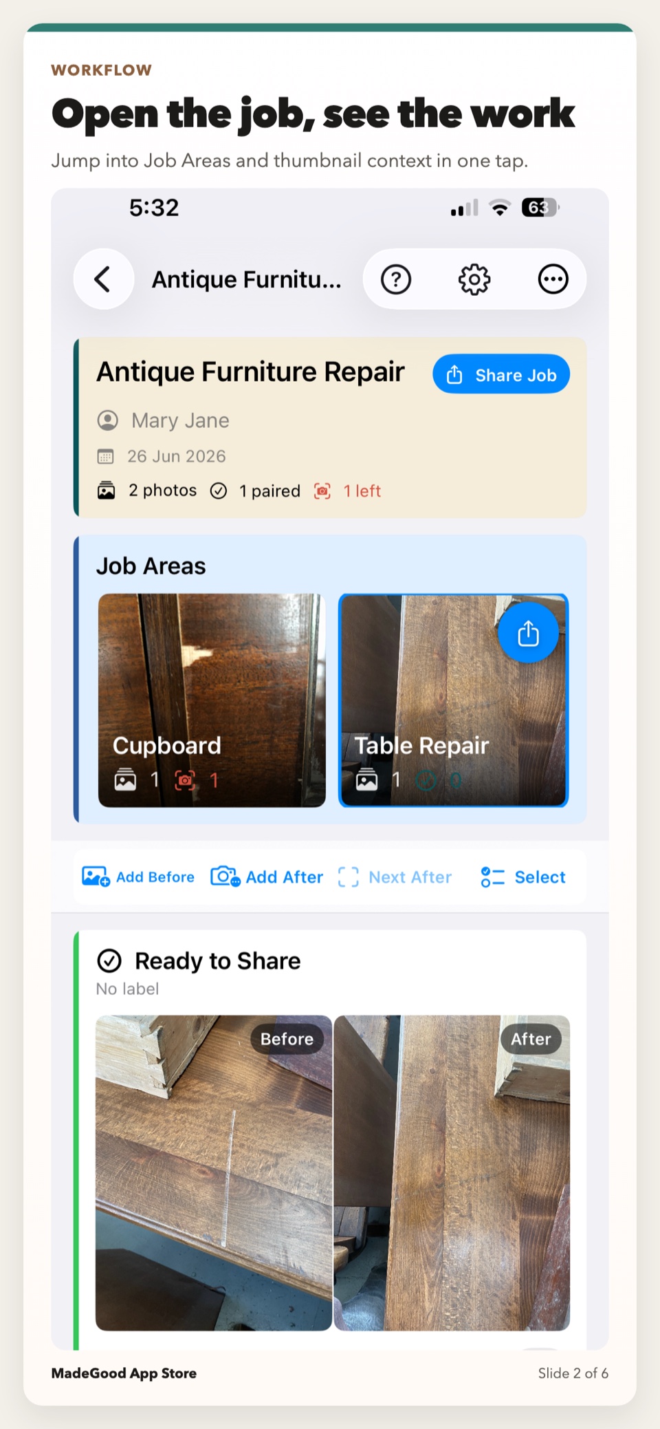 A MadeGood job with Job Areas, photo counts, and a completed before-and-after pair.
