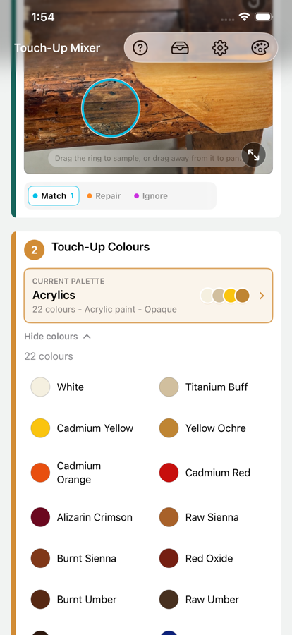 Acrylic palette colours in Touch-Up Mixer.