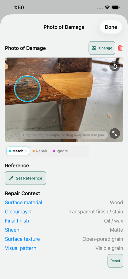 Sampling the surrounding finish from a repair photo.
